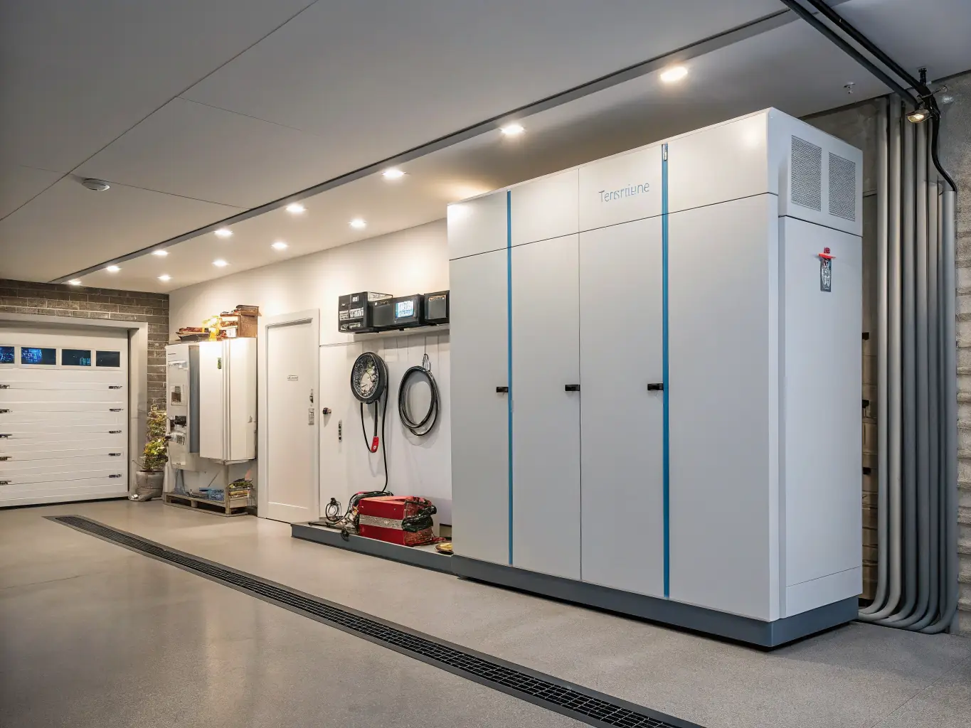 A sleek, modern home battery system installed in a well-lit garage, showcasing its compact design and seamless integration with the home's electrical panel.